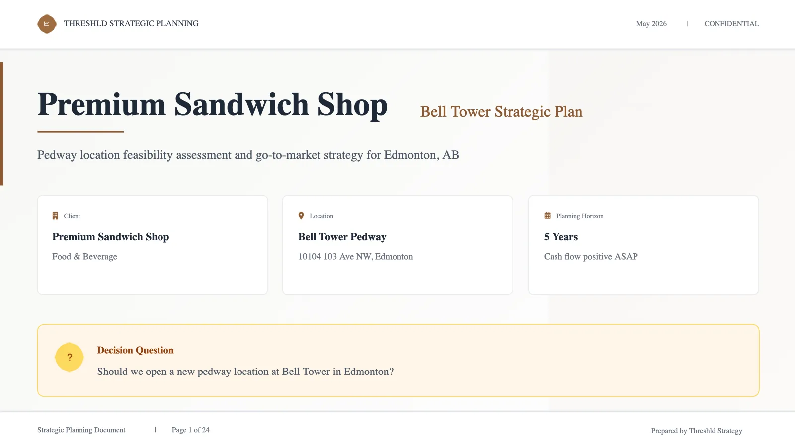 Cover slide from the Premium Sandwich Shop Bell Tower strategic plan
